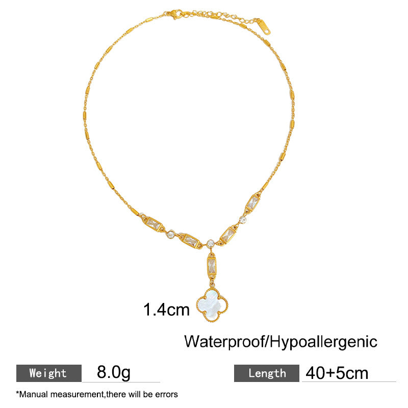Sweet White Mother of Pearl Four-Leaf Floral Geometric Titanium Steel Necklace with Cubic Zirconia for Unisex