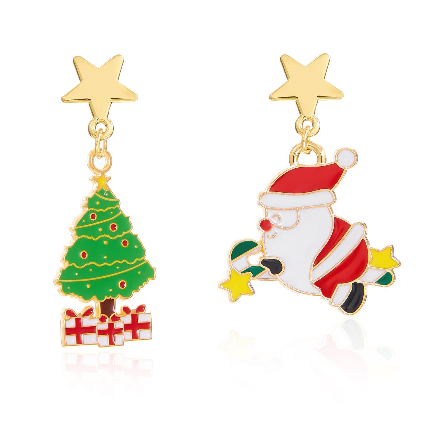 Pendientes de personaje de dibujos animados de Navidad lindos para mujer, aleación con acabado esmaltado, con diseño de Papá Noel, árbol de Navidad y caja de regalo