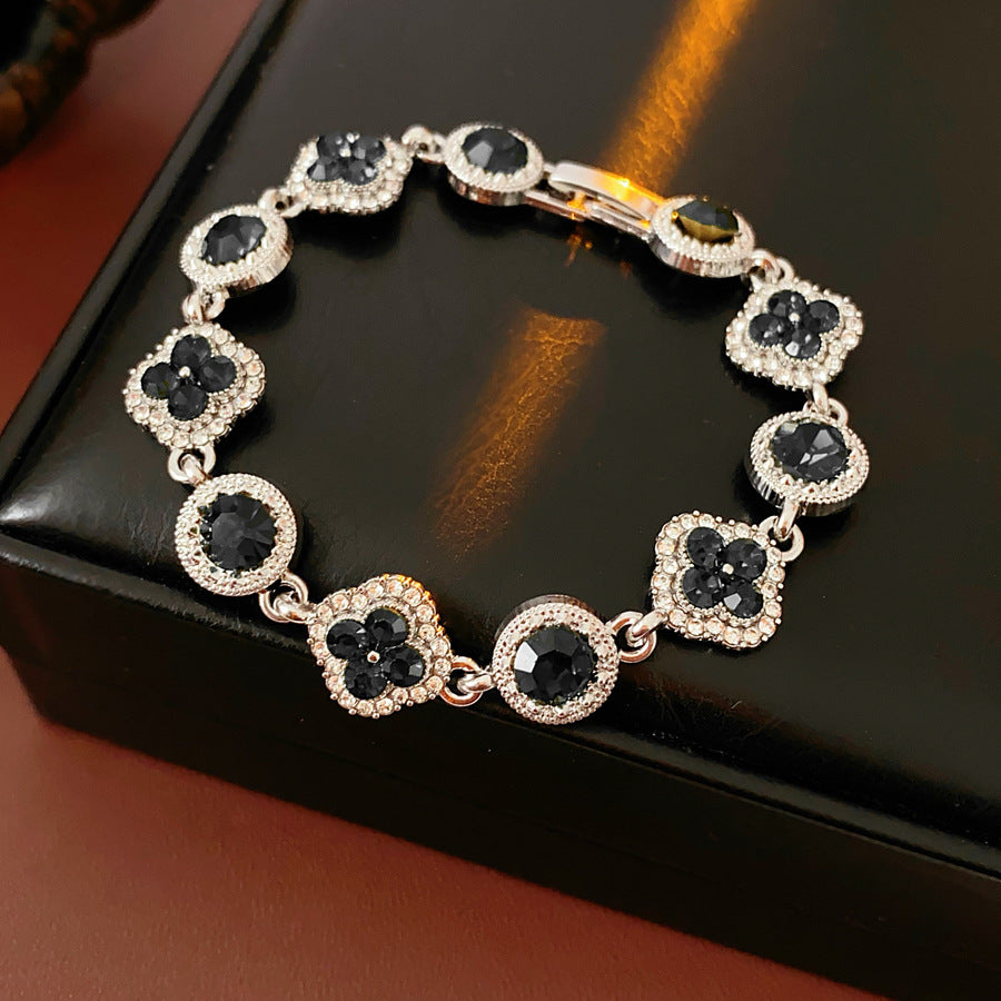 Vintage Floral Rhinestone Inlay Brass Bracelet for Women