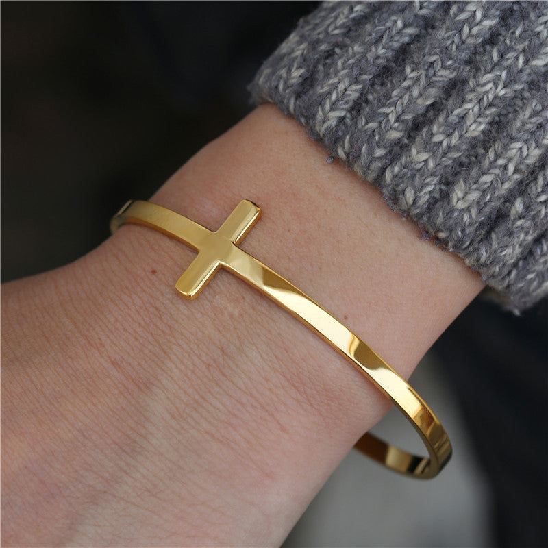 Minimalist Geometric Stainless Steel Open Cuff Bracelet for Men and Women with Polished Finish