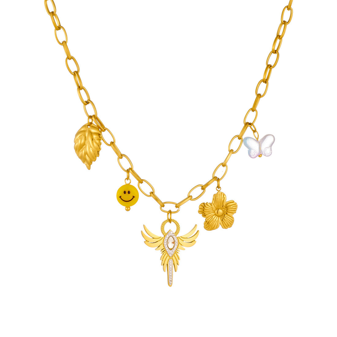 Luxury Elegant Gold Plated Stainless Steel Wings Cross Floral Leaf Smiley Face Rhinestone Necklace for Women