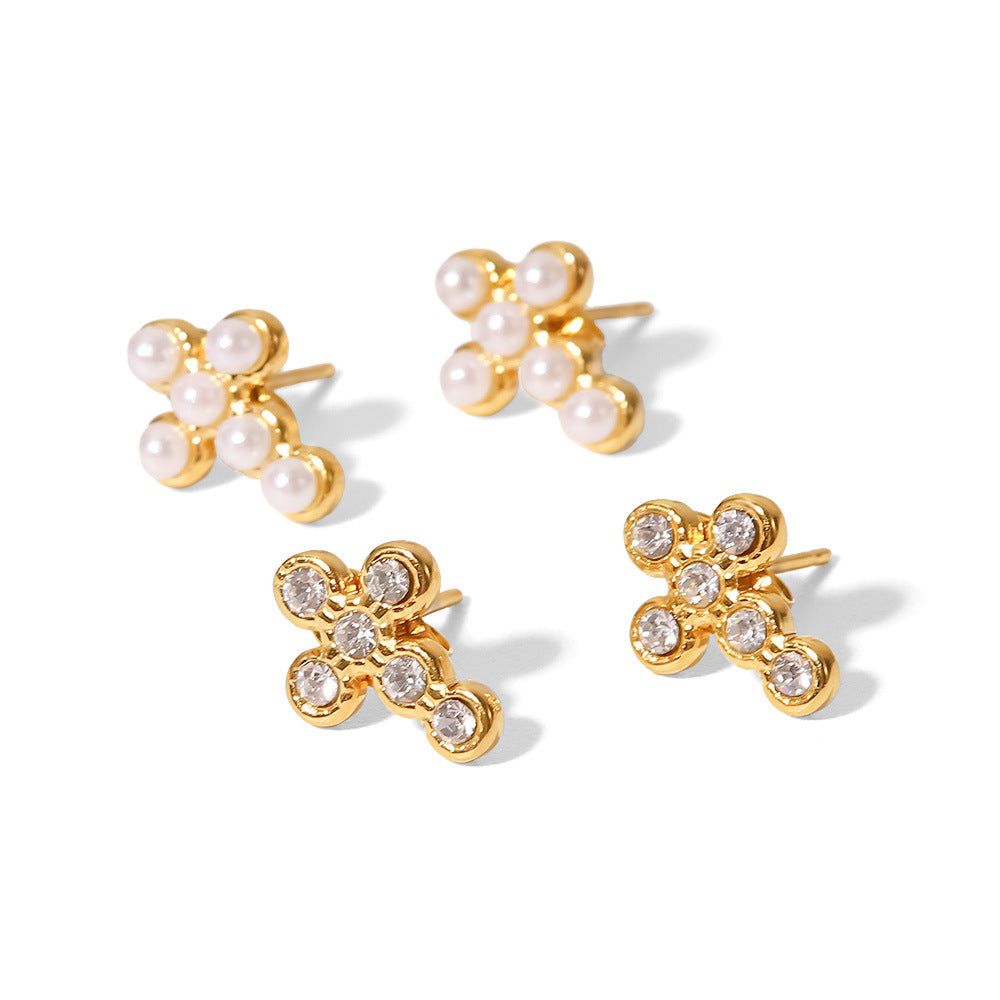 Minimalist Geometric Stainless Steel Cross Stud Earrings with Rhinestone Inlay for Women