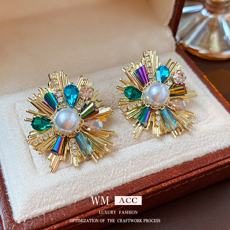 Vintage Floral Crystal Stud Earrings with Silver-Plated Steel Posts for Women