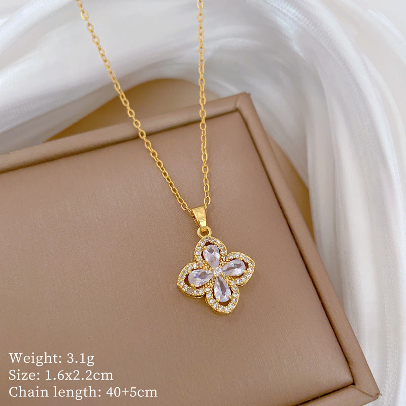 Luxury Titanium Steel Four-Leaf Clover Pendant Necklace and Earrings Set with Rhinestone Inlay for Women Formal Events