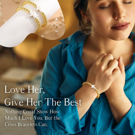 14K Gold Plated Hematite Bead Bracelet with Cross Pendant for Women
