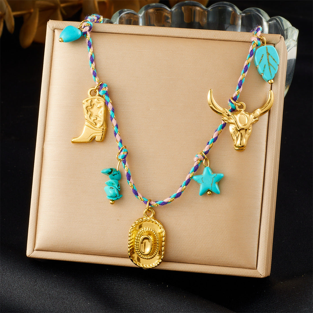Bohemian Vintage Gold Plated Stainless Steel Rope Chain Floral Pendant Jewelry Set