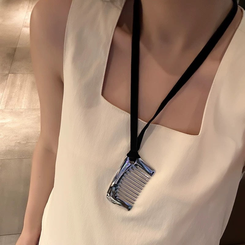 Casual Titanium Steel Comb Pendant Necklace with Black Cord for Women