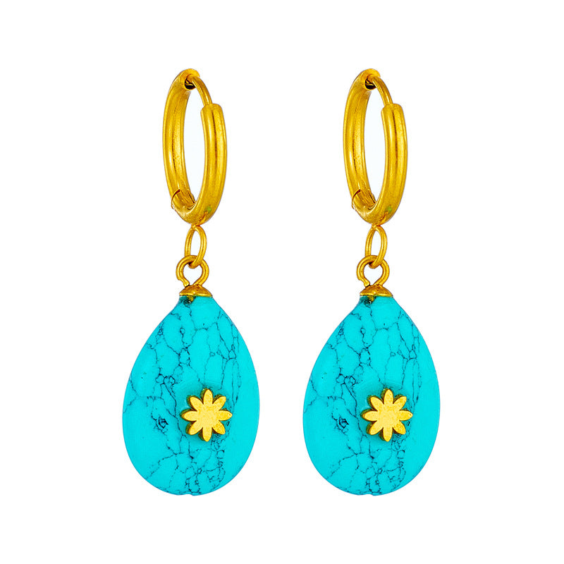 Vintage Minimalist Teardrop-Shaped Turquoise Earrings in Titanium Steel with Plated Finish