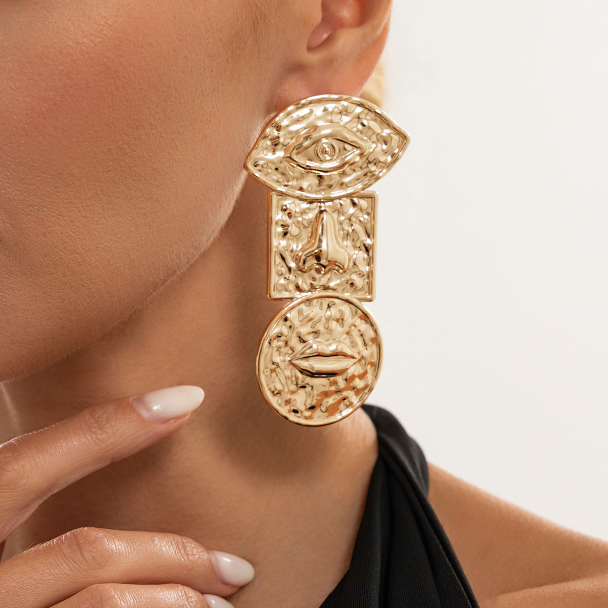 Vintage Geometric Square Oval Hammered Iron Plated Earrings for Women