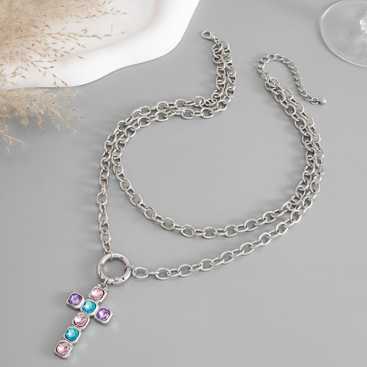 Punk Hip-hop Rhinestone Inlaid Cross Pendant Double Layer Chain Necklace Zinc Alloy Iron Plated