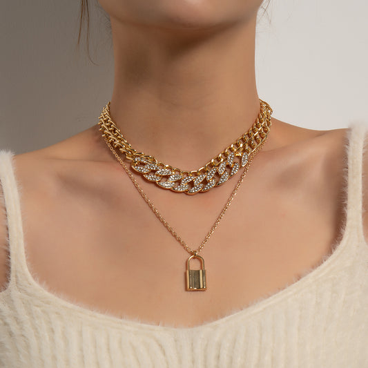 Geometric Alloy Lock Pendant Necklace for Women, Multi-Layer Rhinestone-Embedded Chain Jewelry, Elegant and Versatile