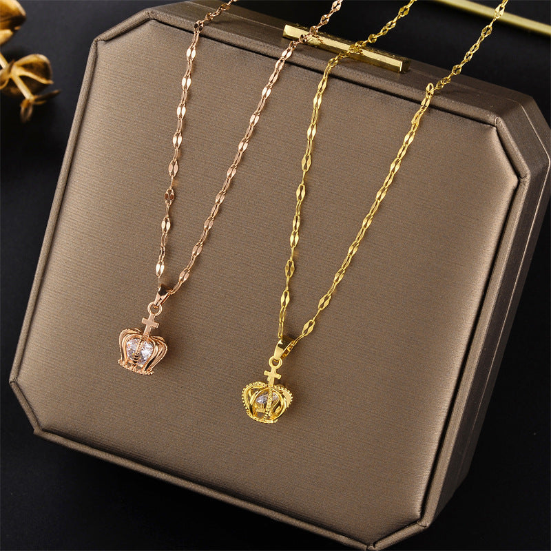 Natural Geometric Crown Pendant 18K Rose Gold Plated Titanium Steel Water Wave Chain Necklace for Women