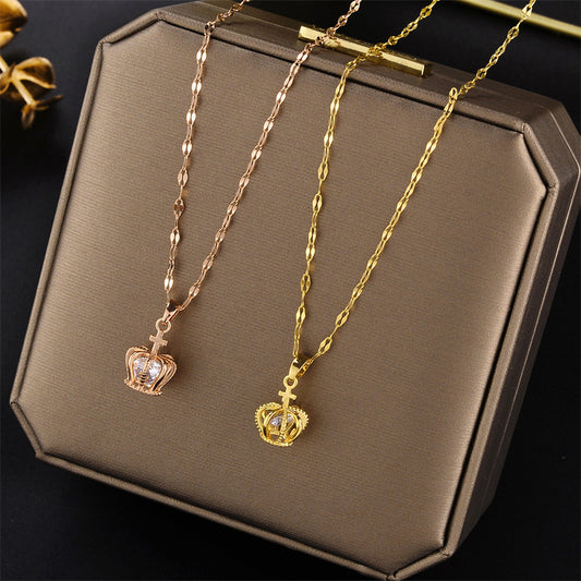 Collana da donna con ciondolo a corona geometrica naturale, placcato oro rosa 18 carati, in acciaio al titanio con catena a onda d'acqua