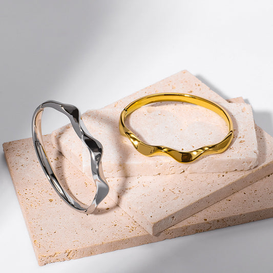 Minimalist Wave Texture Titanium Steel Bracelet with Vacuum Plating for Women