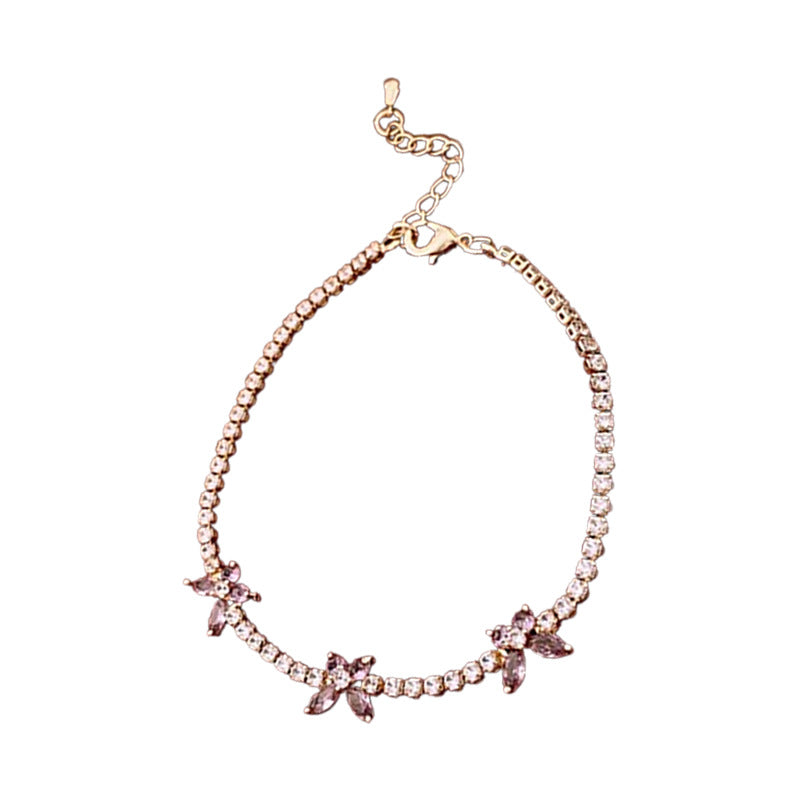 Luxury Floral Bracelet with Zircon Inlay for Women, Elegant Fashion Hand Chain with Butterfly Motif