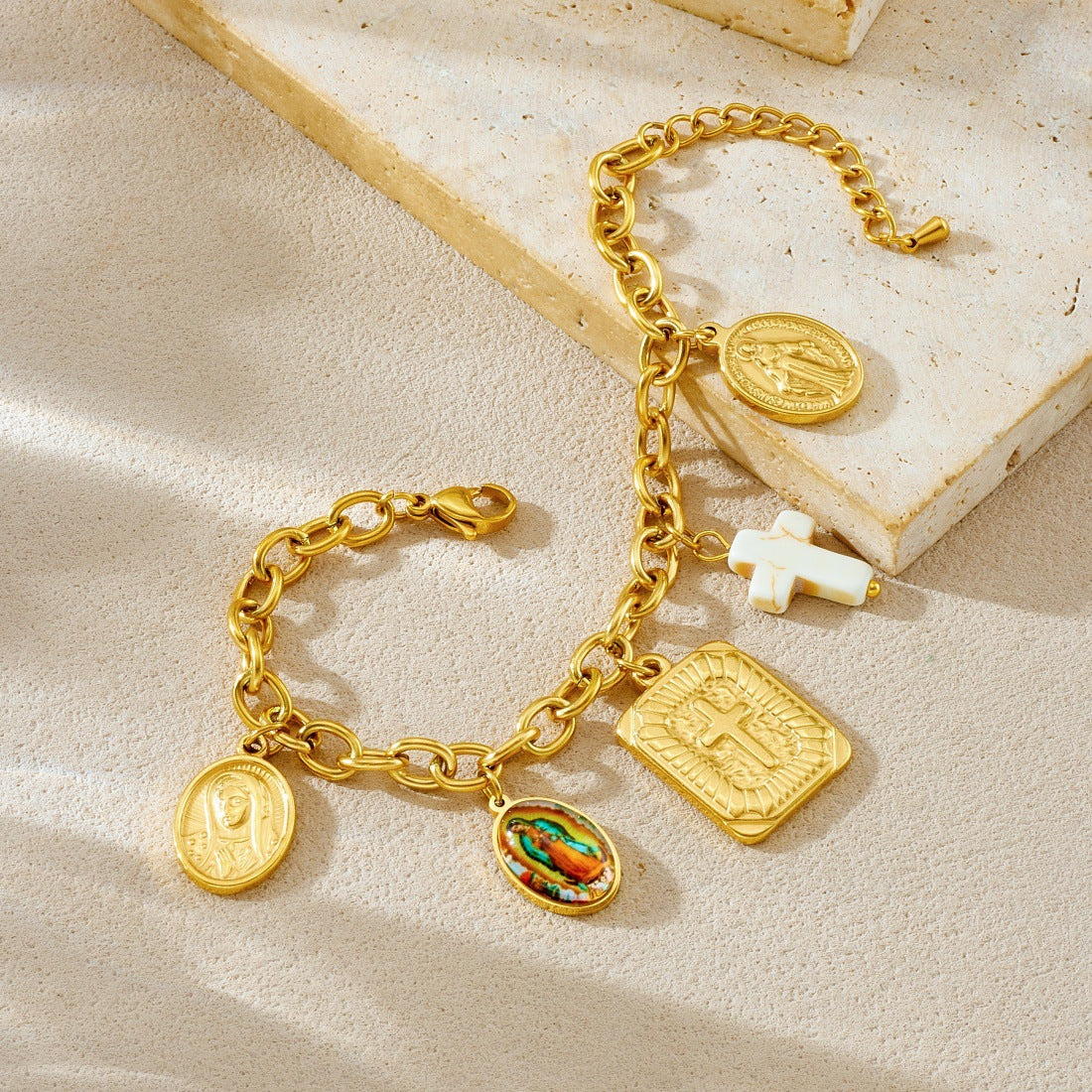 Vintage Elegant Gold Plated Stainless Steel Cross and Round Pendant Necklace Set with Cable Chain for Women