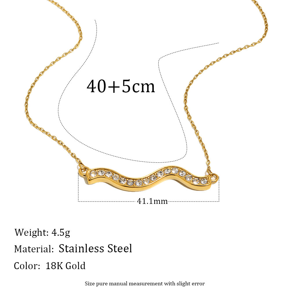 Casual Geometric Stainless Steel Gold Plated Rhinestone Wave Pendant Necklace for Women