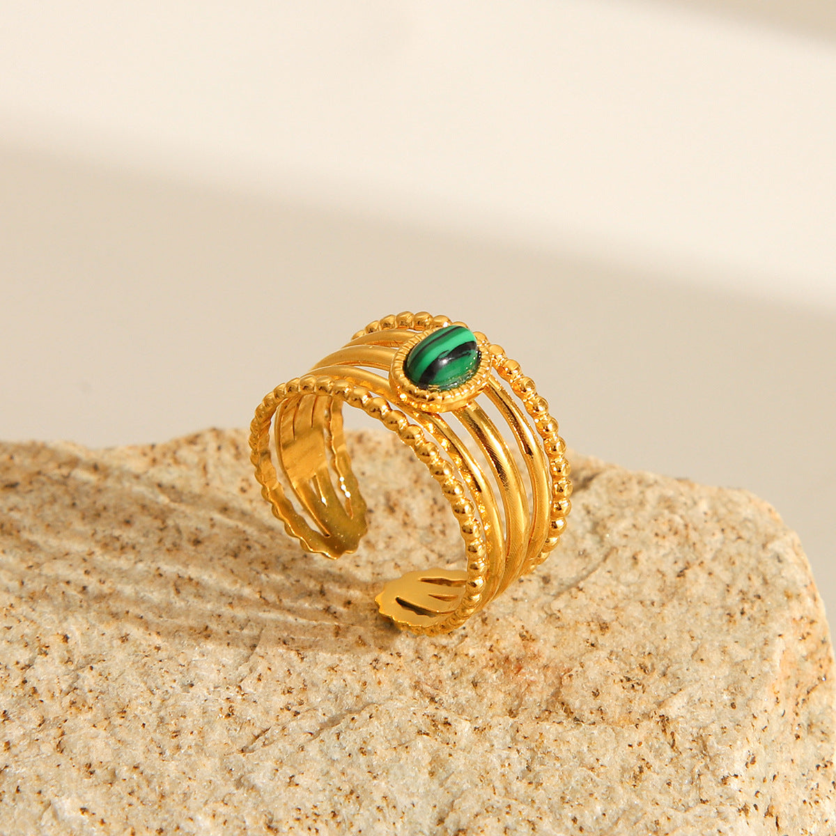 Minimalist Geometric Open Ring for Women in Titanium Steel with Electroplated Finish and Natural Malachite Inlay