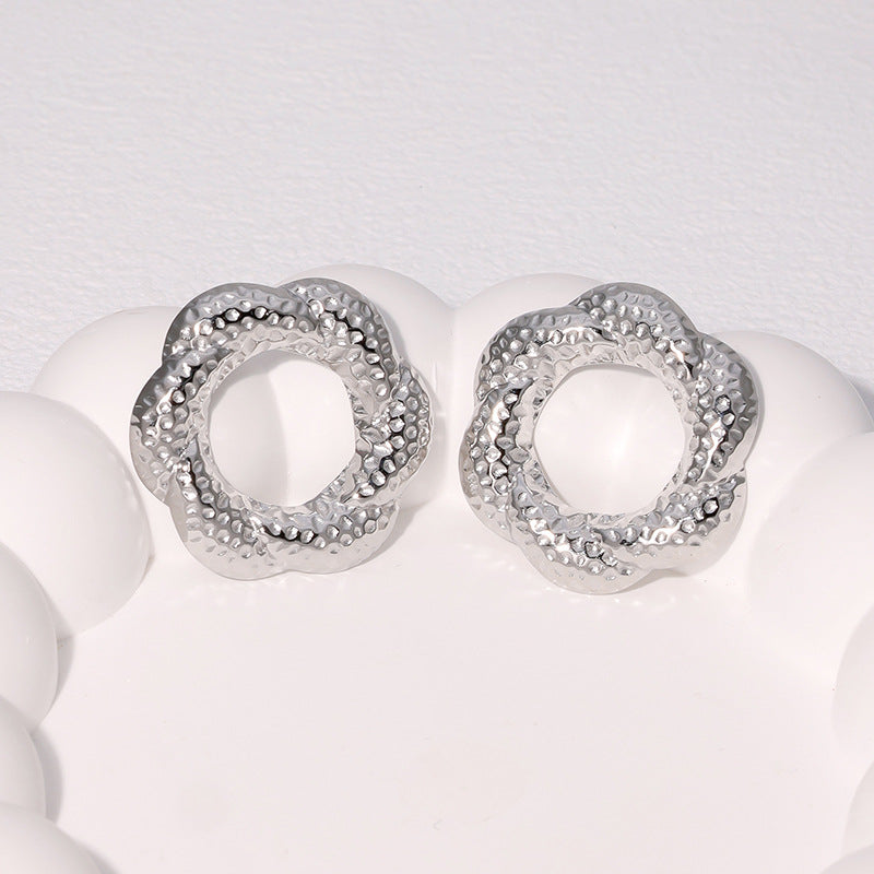 Fashion Geometric Hammered Floral Hoop 18K Gold Plated Stainless Steel Earrings for Women