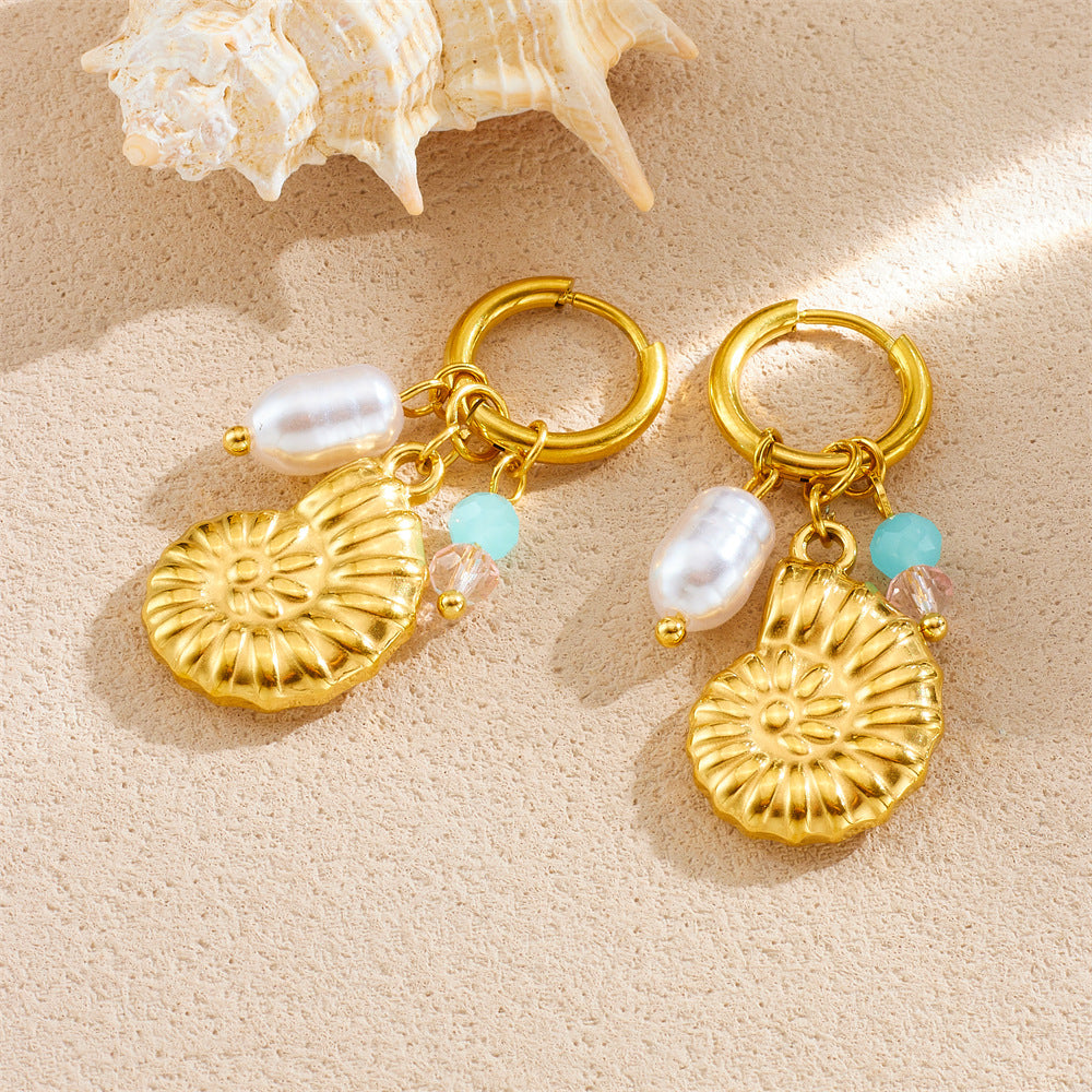 Minimalist Gold Plated Conch Shell and Pearl Drop Earrings for Women