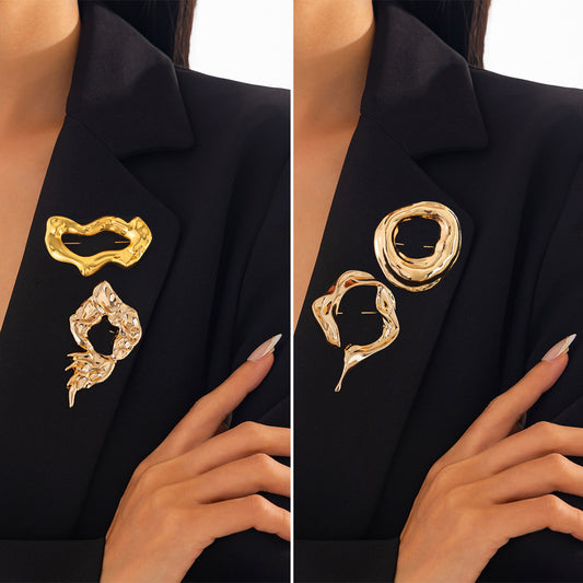 Minimalist Geometric Alloy Brooch with Textured Metallic Fold Design Liquid Lava Effect for Women