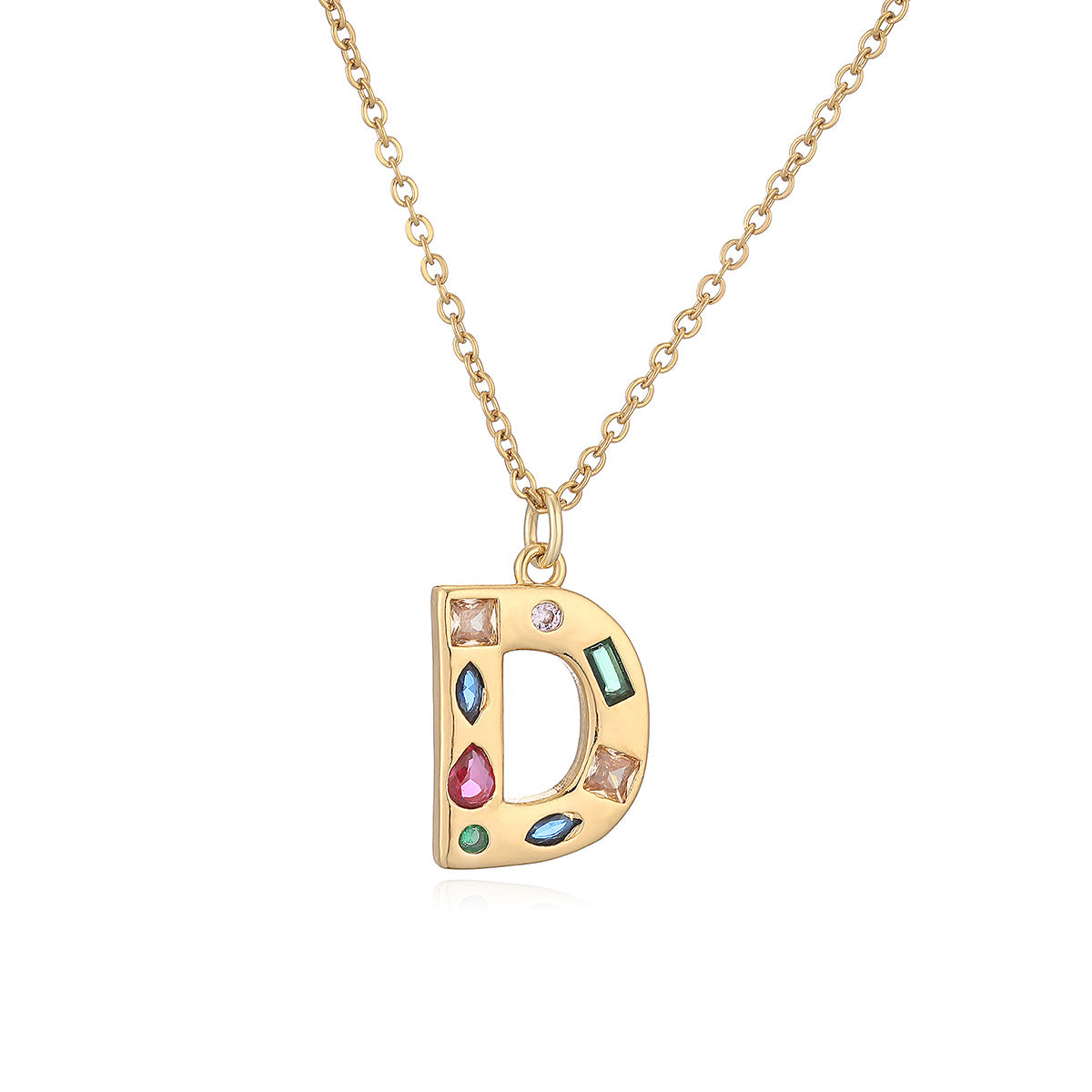 Minimalist Letter Shape Copper Pendant Necklace with 18K Gold Plating and Colored Zircon Inlay for Women