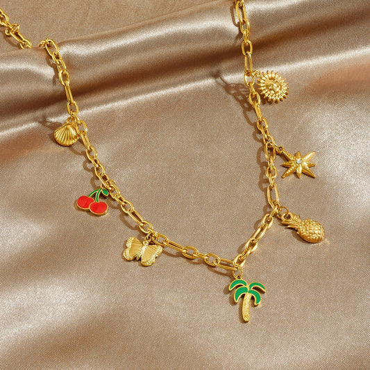Sweet Drip Oil Stainless Steel Butterfly Plant Pendant Necklace with Cable Chain