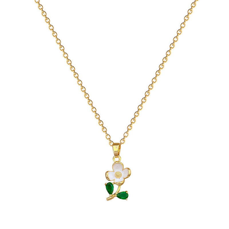 Minimalist Geometric Green Leaf and Floral Rhinestone Pendant Necklace in Titanium Steel with Enamel Finish for Women