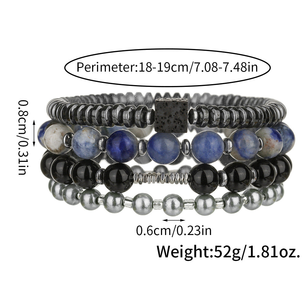 Vintage Men's Geometric Hand-beaded Bracelet with Black Agate, Hematite and Pearl Beads