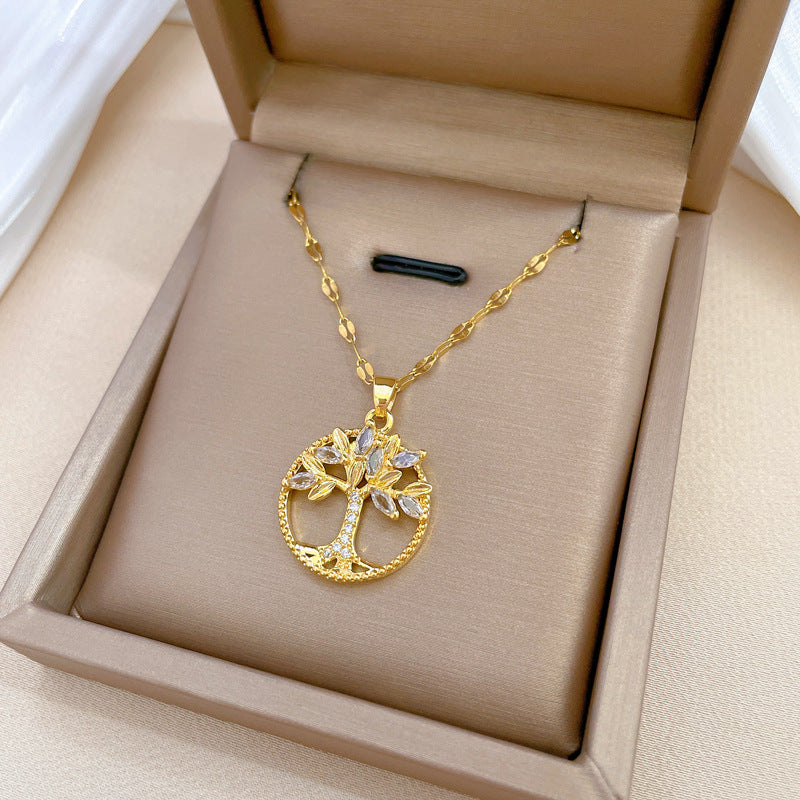 Collana con ciondolo Albero della Vita geometrico di lusso, fresca e dolce, in acciaio al titanio con strass
