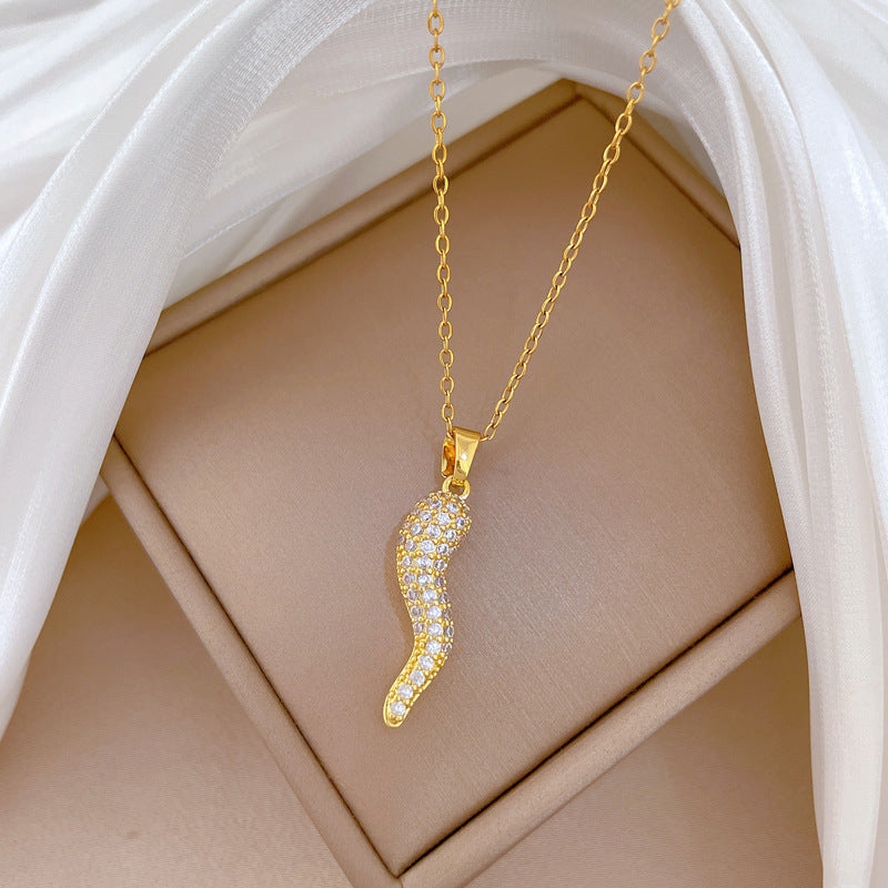 Sweet Geometric Chili Pepper Rhinestone Pendant Necklace Titanium Steel Cable Chain for Women and Men