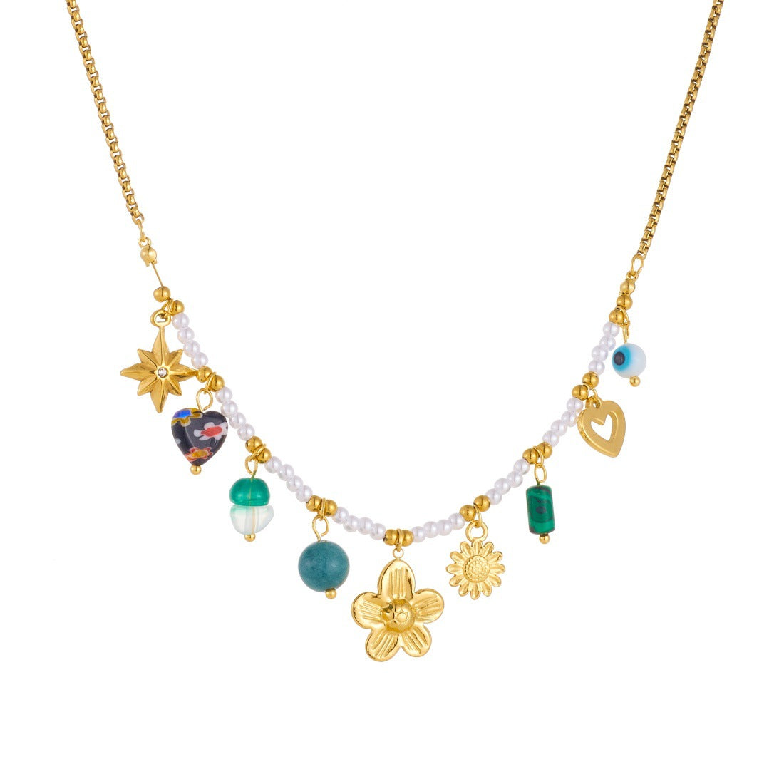Vintage Gold Plated Heart Camellia Turquoise Stainless Steel Necklace Box Chain
