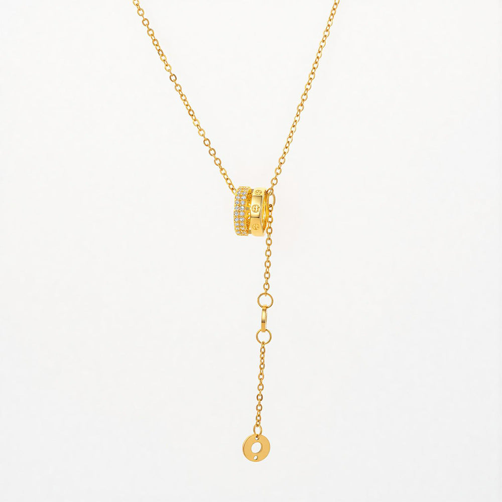 Light Luxury Minimalist Geometric Titanium Steel Necklace with 18K Gold Plated Copper and Zircon Pendant for Women