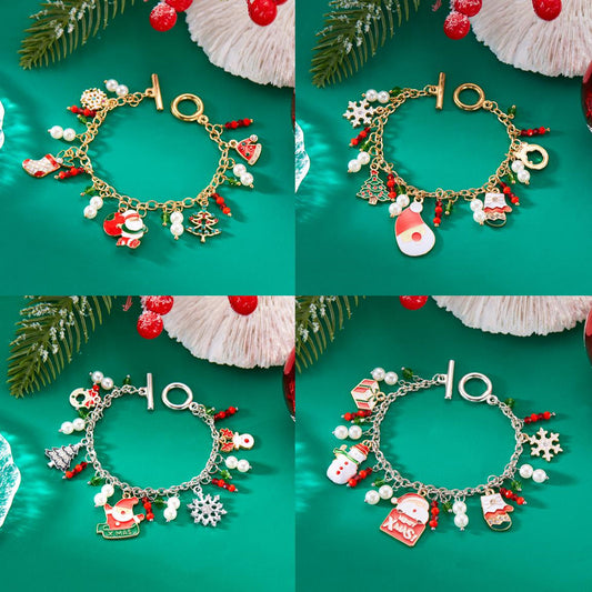 Creative Christmas-Themed Bracelet for Women with Santa Elk and Christmas Tree Charms on Iron Alloy Chain with Pearl and Crystal Accents