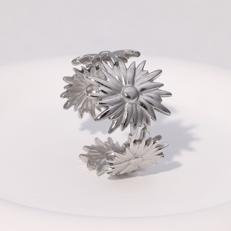 Minimalist Floral Adjustable Stainless Steel Ring with Plated Finish for Women