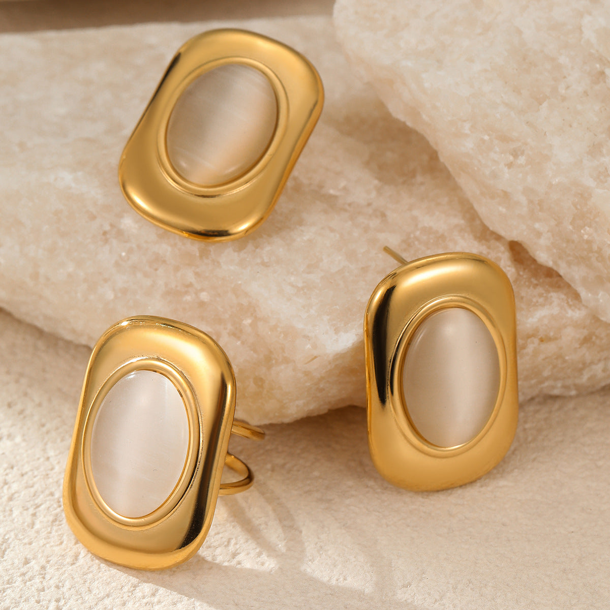 Conjunto de pendientes y anillo de ojo de gato geométricos minimalistas vintage de acero inoxidable con acabado chapado para mujer