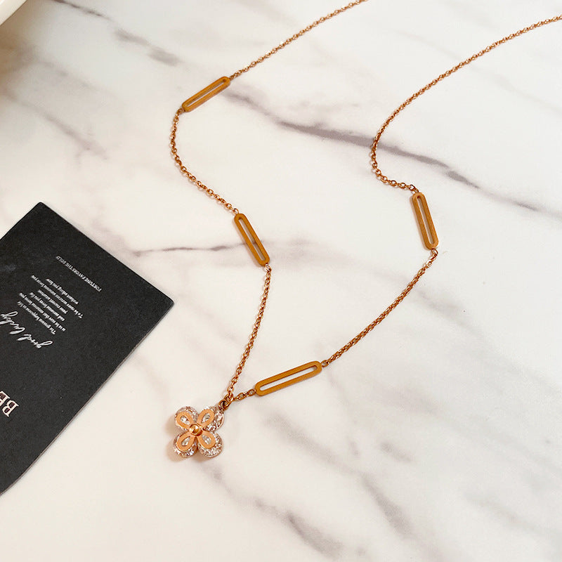 Layered Geometric Four-Leaf Clover Floral Titanium Steel Cubic Zirconia Necklace with Cable Chain
