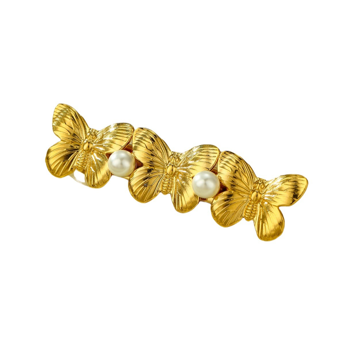 Pinza para el cabello de acero inoxidable con forma de mariposa de moda para mujer con detalles de perlas y festones, acabado galvanizado, diseño minimalista de una sola barra