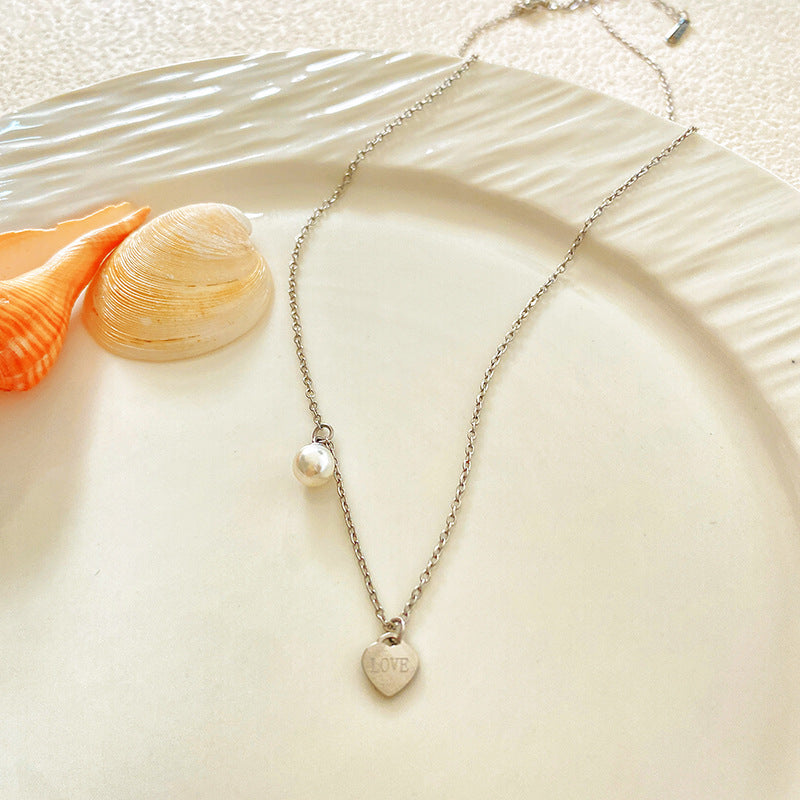 Minimalist Luxury Gold Plated Titanium Steel Heart Pearl Necklace for Unisex
