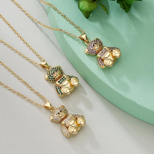 Collar colgante minimalista de cobre con forma de oso, chapado en oro de 18 quilates y acentos de circonita para mujer