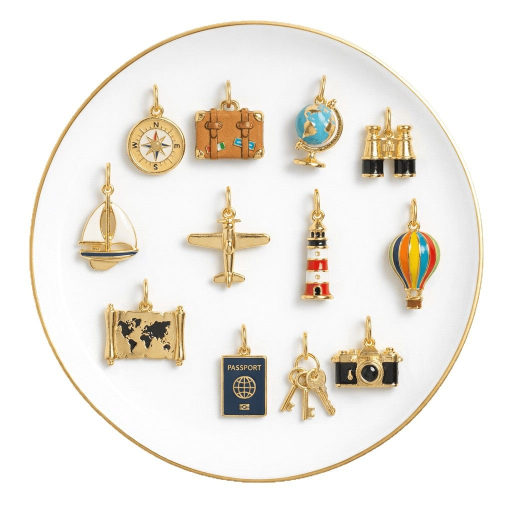 Minimalist Geometric Brass Plated Pendant Necklace with Compass Globe Telescope Airplane Hot Air Balloon Charms