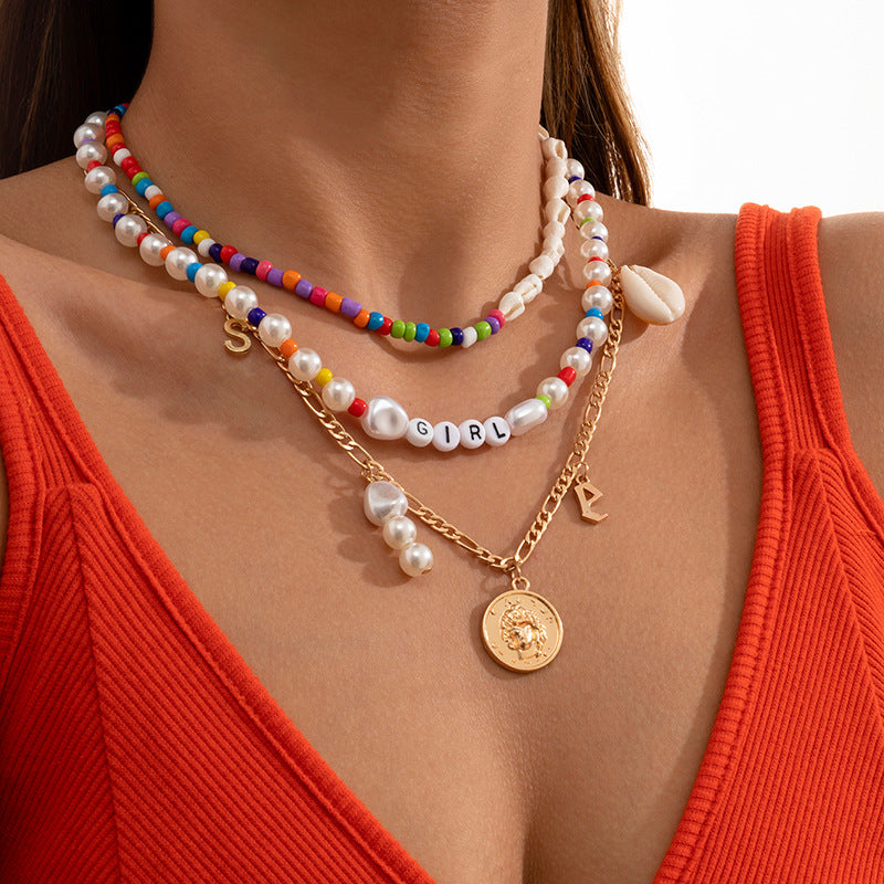 Vintage Bohemian Geometric Letter Imitation Pearl Shell Pendant Beaded Necklace for Women
