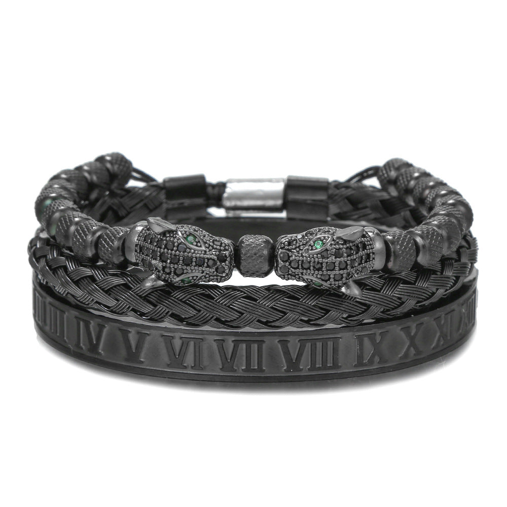 Vintage Brass Cubic Zirconia Leopard Head Woven Titanium Steel Bracelet Set for Men and Women