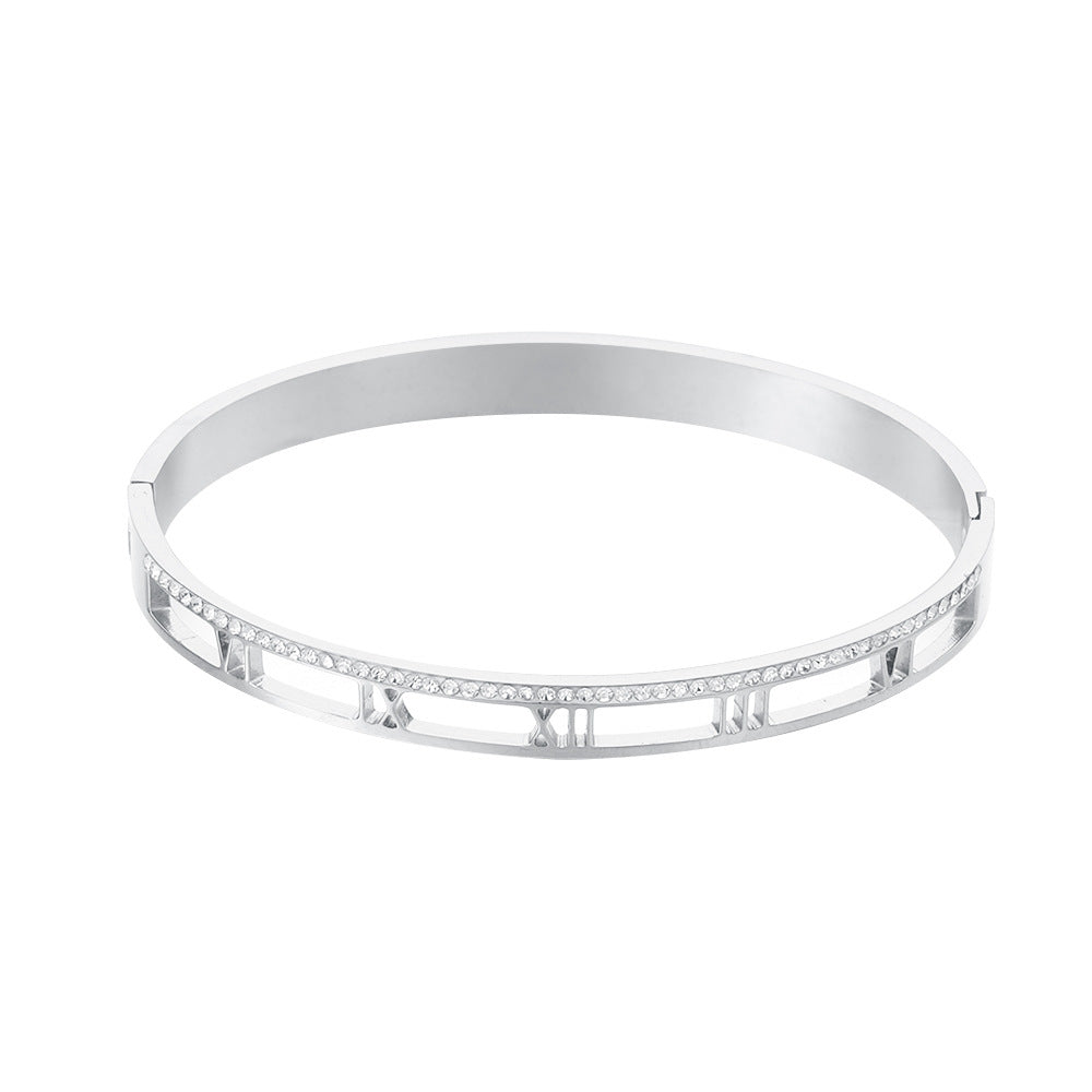 Minimalist Round Micro-inlay Rhinestone Titanium Steel Open Cuff Bracelet with Roman Text for Women