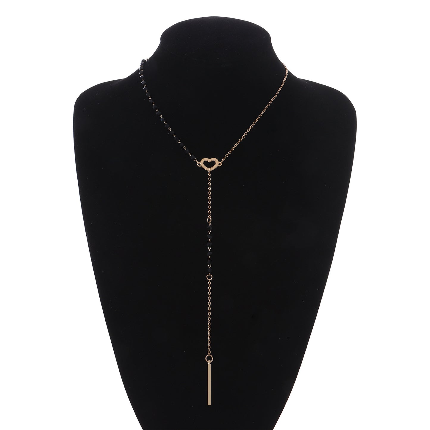 Elegante Collana Pendente da Donna a Tassello Lungo a Y con Ciondolo a Cuore e Catenina a Croce in Lega con Pietra Nera