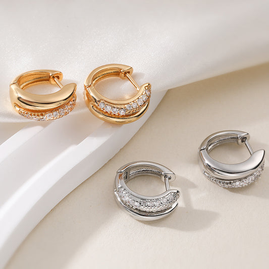 Vintage Minimalist Geometric Brass Gold Plated Cubic Zirconia Hoop Earrings for Women