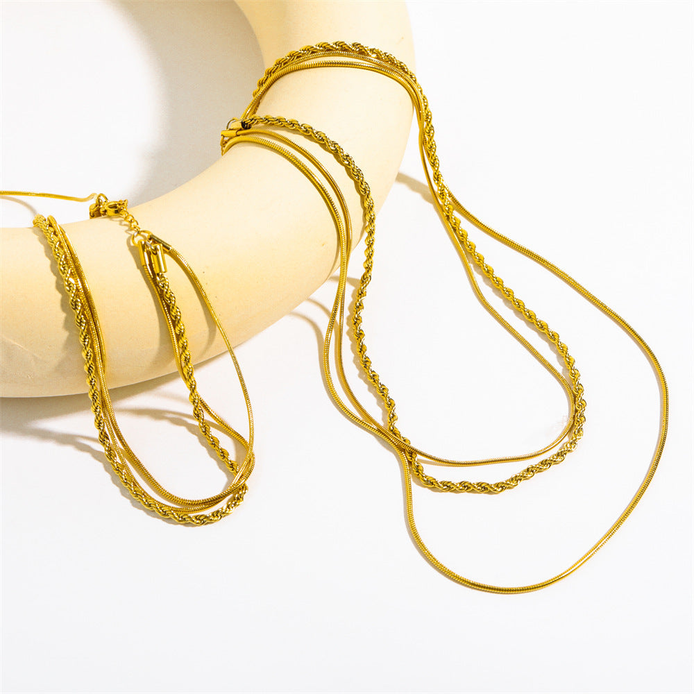 Vintage Stainless Steel U-Shape Layered Necklace with Snake and Rope Chains