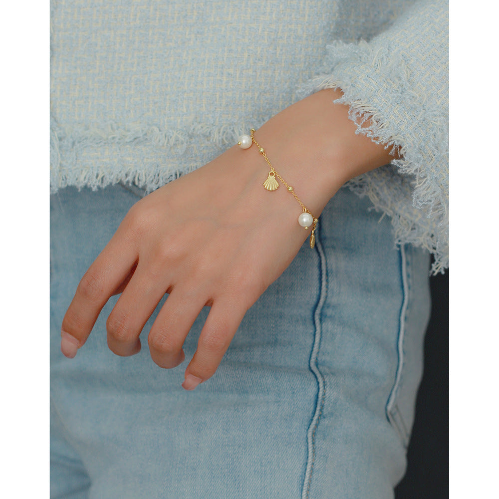 Sweet 925 Sterling Silver Geometric Pearl Shell Charm Bracelet for Women