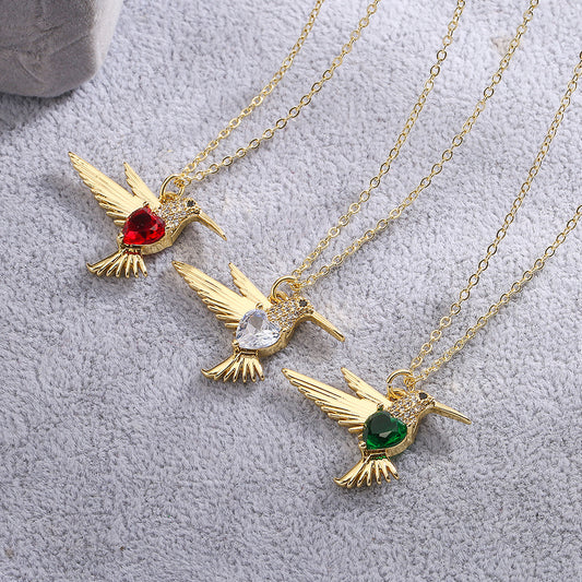 Minimalist Heart-Shaped Bird Pendant Necklace for Women with Copper Base Plated in 18K Gold and Zircon Inlay