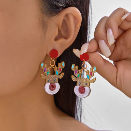Pendientes acrílicos navideños para mujer con diseños de renos y bastones de caramelo con postes de acero inoxidable